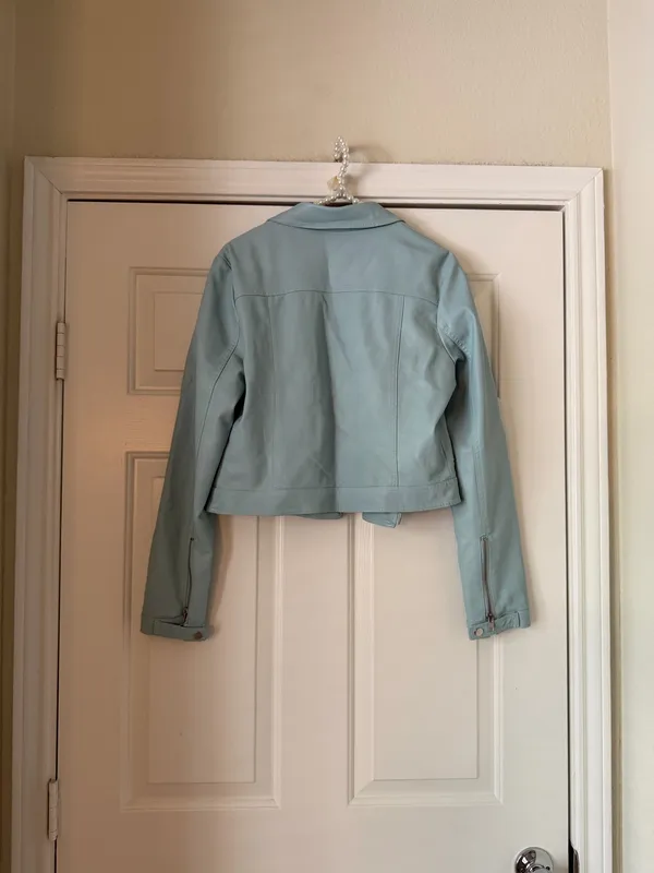 Gianni Bini Baby Blue Faux Leather Motto Jacket - Image 5