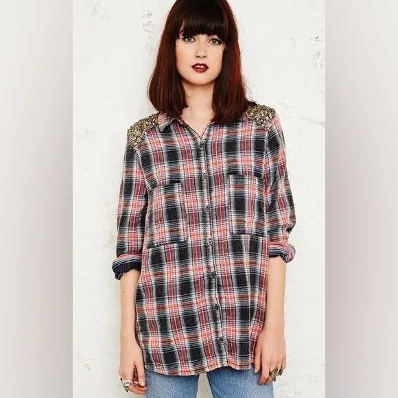 Free people little bit of sugar red plaid sequin flannel shirt - Image 2