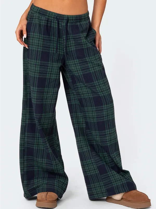 Edikted Lounge Around Plaid Wide Leg Pants Navy Blue Green Small - Image 2