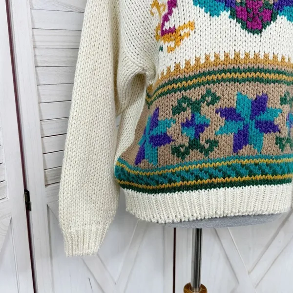 Vintage Rafferty 80s‎ 90s Floral Chunky Knit Sweater Ivory Large Crewneck - Image 6