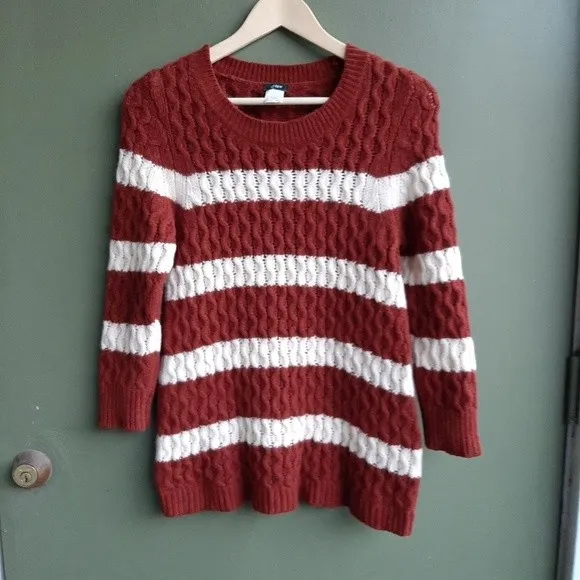 J.Crew 100% Merino Wool Chunky Cable Knit Sweater Small Brown Striped Preppy - Image 13