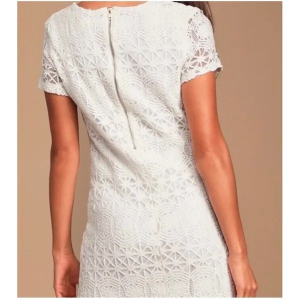 Lulu’s Love You For Eternity Off White Floral Lace Shift Short Sleeve Mini Dress - Image 4