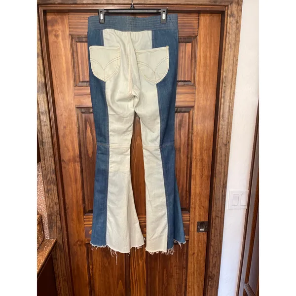 Two Tone Colorblock Flare Jeans Raw Hem Boho Medium - Image 3