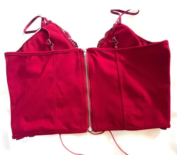 Red Lace Corset Crop Top – Zipper Back, Faux Leather Tie - Image 6