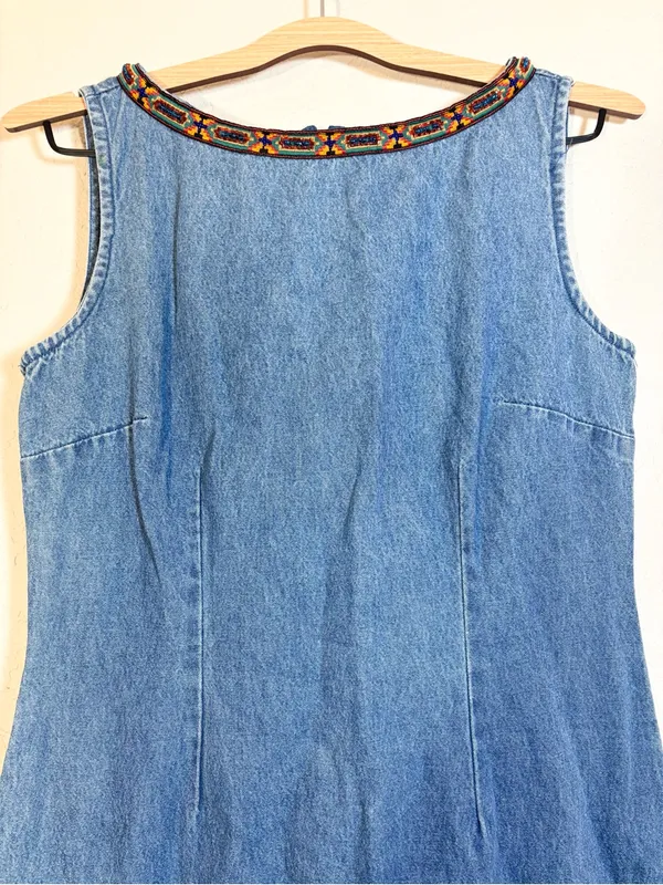 Vintage Denim Embroidered Beaded Trim Dress Size 8 - Image 4