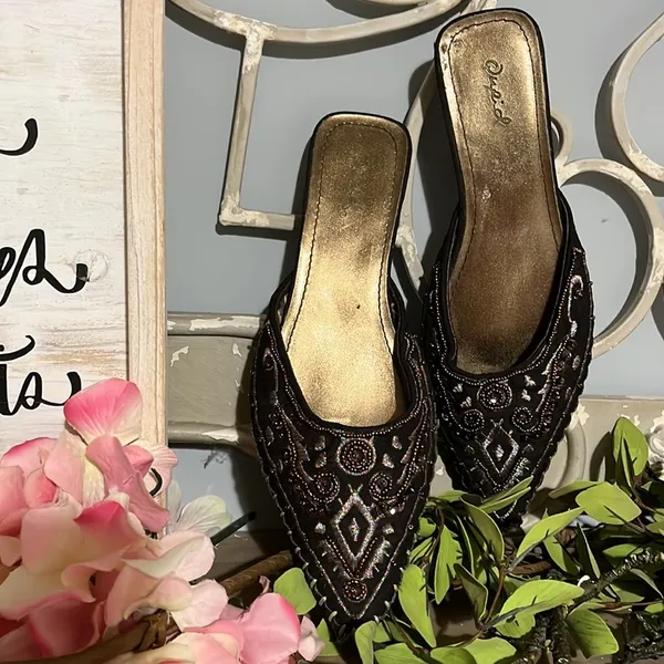 Qupid Pointed Toe Beaded Slip On Brown Shoes Kitten Heel Aztec Western Womens 7 - Image 11