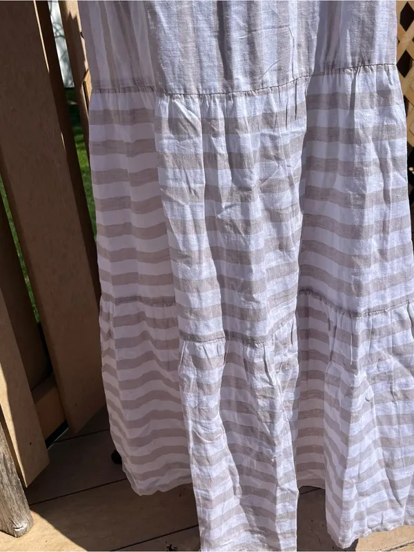 Beach Lunch Lounge Beige & White Striped Linen Blend Tiered Maxi Dress Sz S NEW - Image 3