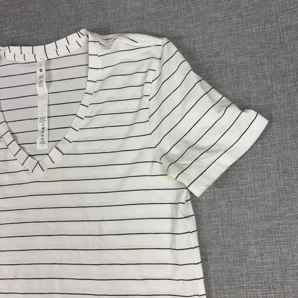 Lululemon Striped Shirt Womens 2 White V-Neck Short Sleeve Pima Cotton Top - Image 7