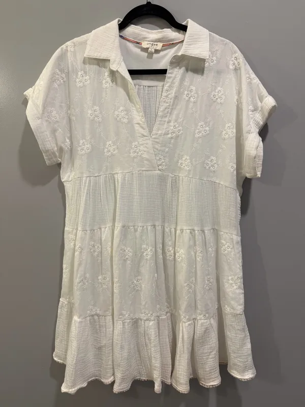 Umgee V-Neck Floral Detail Collared Tiered Dress White - Image 2