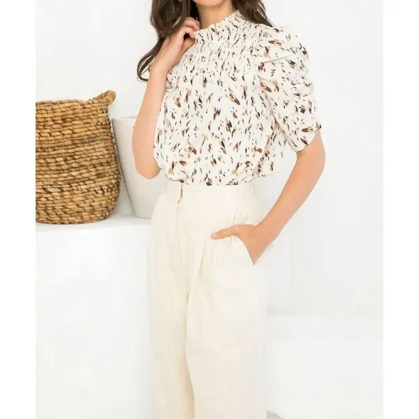 THML Cream Tan Brown Feather Not In My Cap Ruched Half Sleeve Blouse Medium - Image 7