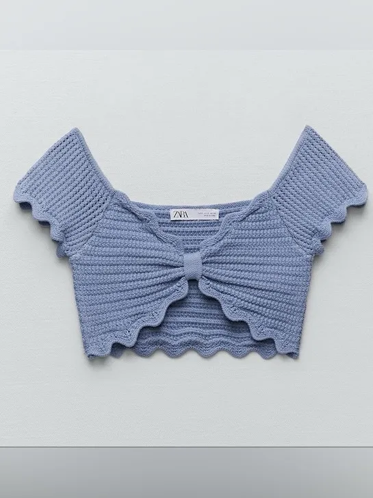 Zara Blue Scalloped Crochet Knit Bow Crop Top - Image 6