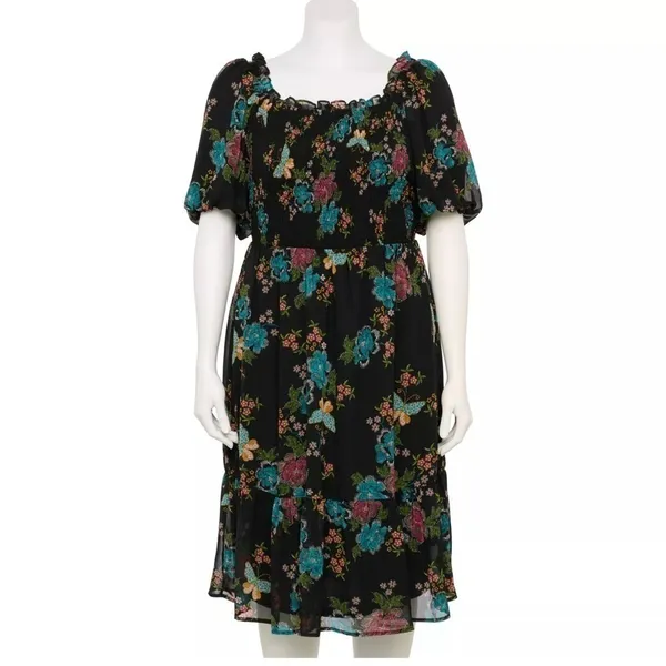 Lauren Conrad Plus Balloon Sleeve Smocked Midi Dress Sz XL Black Butterfly - Image 2