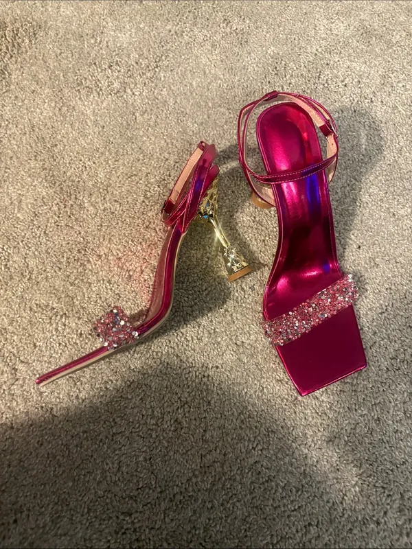 SheIn Women's Metallic Fuchsia Ankle-Strap Heels with Crystal Toe Strap 11 - Image 4