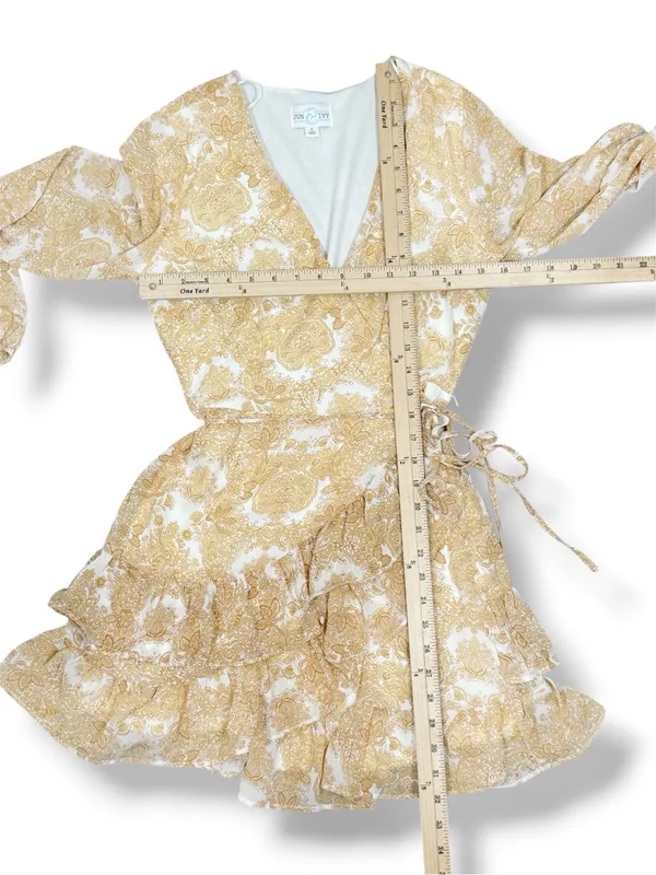 Jun‎ & Ivy by Francesca's Floral Boho Ruffle Wrap Mini Dress Yellow Cream Small - Image 12