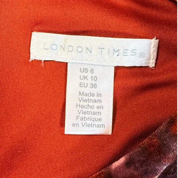 London Times Size 6 Rust Floral Velvet Asymmetric Neck Long Sleeve Flounce Dress - Image 6