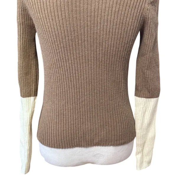 Long Sleeve Sweater Color Block Contrast Quarter Zip Drop Shoulder Beige Brown M - Image 6