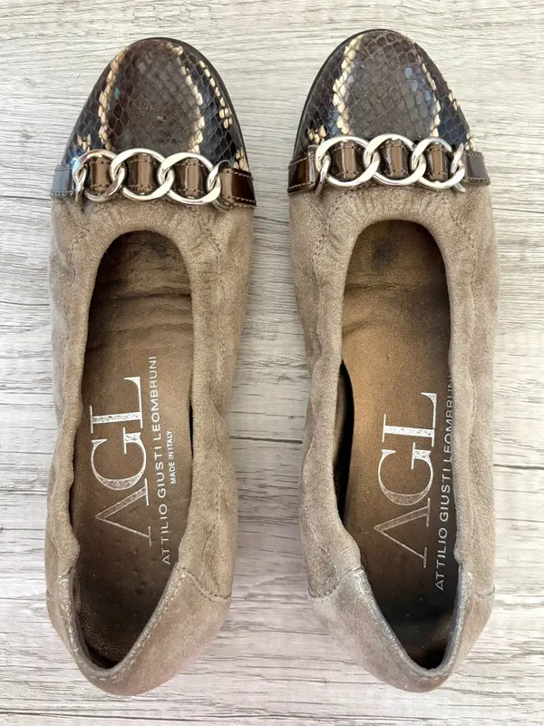 AGL Shimmer Tan Suede Leather Chain Snakeskin Cap Toe Ballet Flat Italy 35.5 5.5 - Image 4