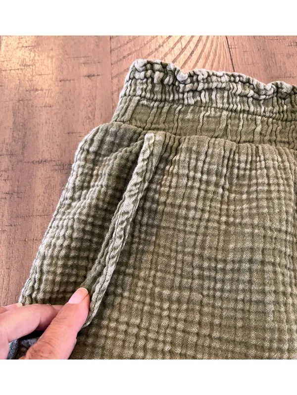 Earthbound Olive Green Double Gauze Boho Loungewear Shorts with Pockets L - Image 4