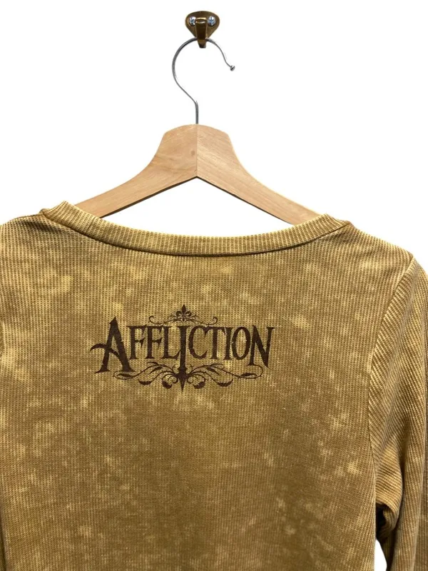 Affliction Long Sleeve Waffle Knit Top Mustard Size L Y2K Casual Punk Neutral - Image 10