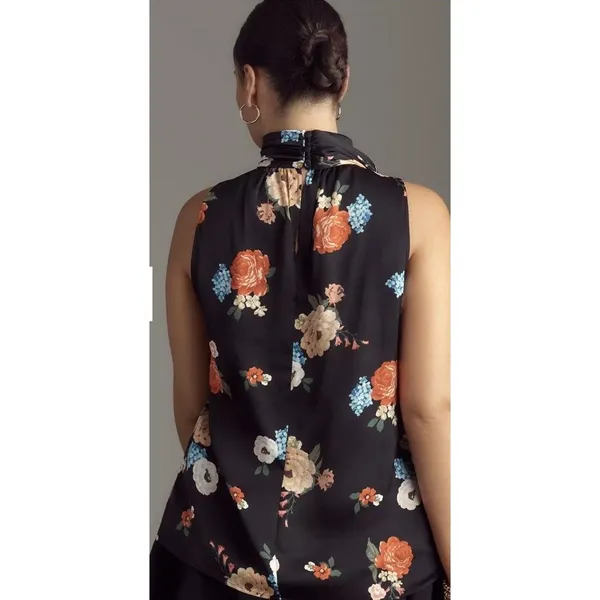 Anthropologie Black Floral Silky Halter Tank Lace Trim Sz XL Boho Romance NEW - Image 2