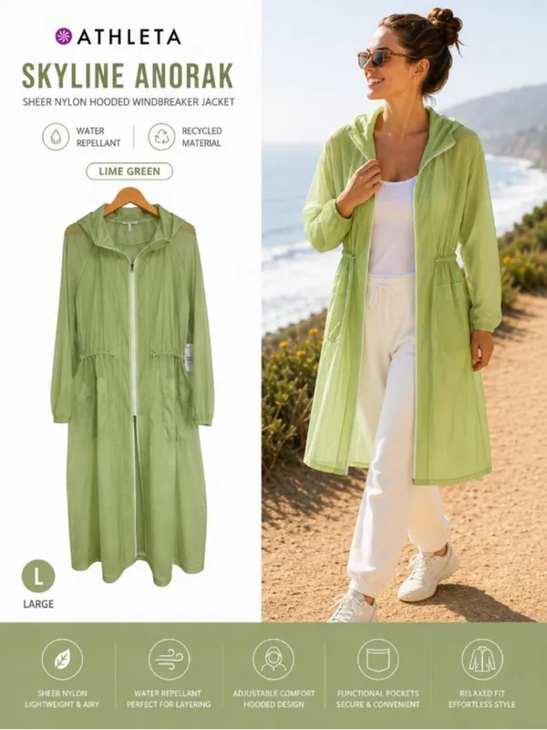 Athleta Skyline Anorak Lime Green Sheer Hooded Windbreaker Travel Jacket XXS - Image 2