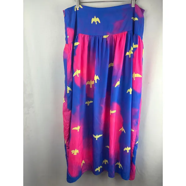 Women’s Chaouiche XL Pink & Blue Maxi Skirt w/ Yellow Birds - Image 3