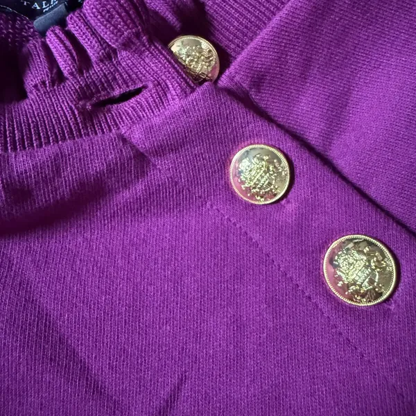 Talbots Ruffle Trim Raglan Purple Sweater Gold Buttons Cottage Boho Size Medium - Image 7