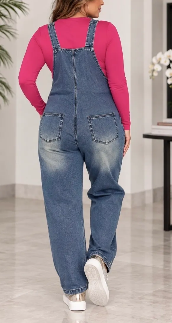 Chouyatou~Women's Faded Blue Denim Overalls - Classic Relaxed Fit. XL - Image 3