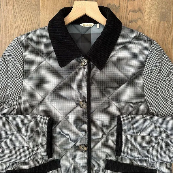 Barbour Orelia Quilted Houndstooth Printed Chore Jacket in Black and Tan US 10/M - Image 2