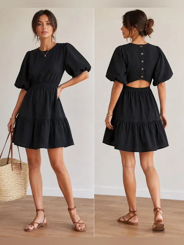 Madewell Black Textured Puff Sleeve Cutout Midi Dress Size Medium - Image 2