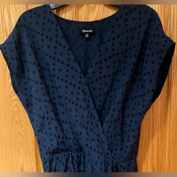 Madewell Navy Blue Wrap-Front Draped‎ Mini Dress in Brushstroke Diamond Size XS - Image 6