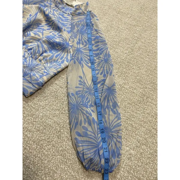 Amanda Uprichard Sheer Floral Cropped Tie Blouse Open Back Mock Neck Blue S - Image 15