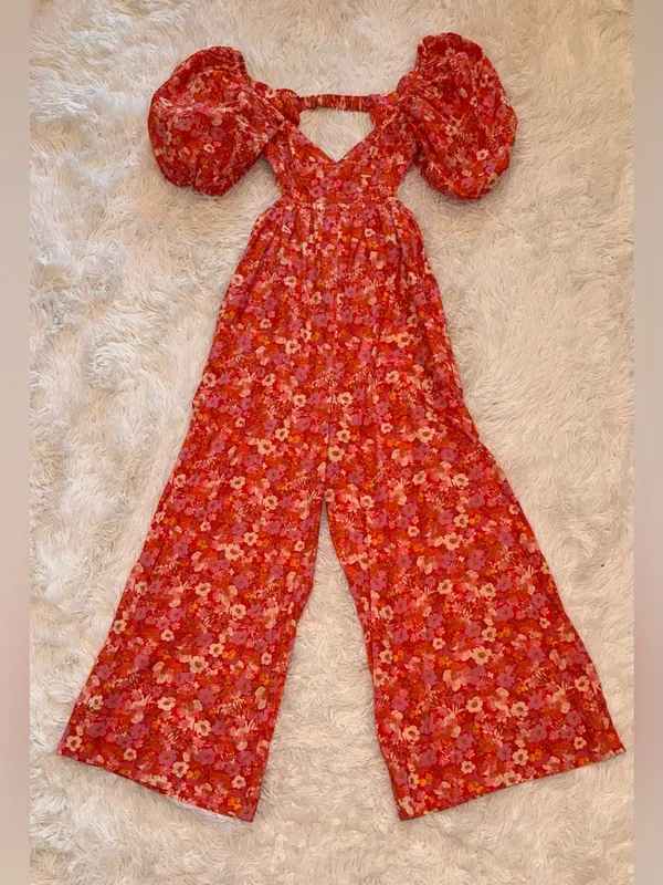 NEW FREE PEOPLE Amy Floral Cotton cutout Orange Jumpsuit sz M - Image 5