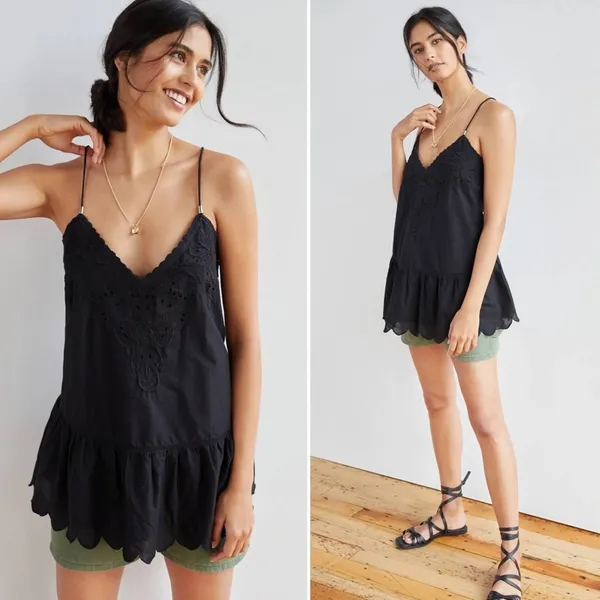 Anthropologie Let Me Be Lace Peplum Embroidered V-Neck Tank Top Black - Image 2