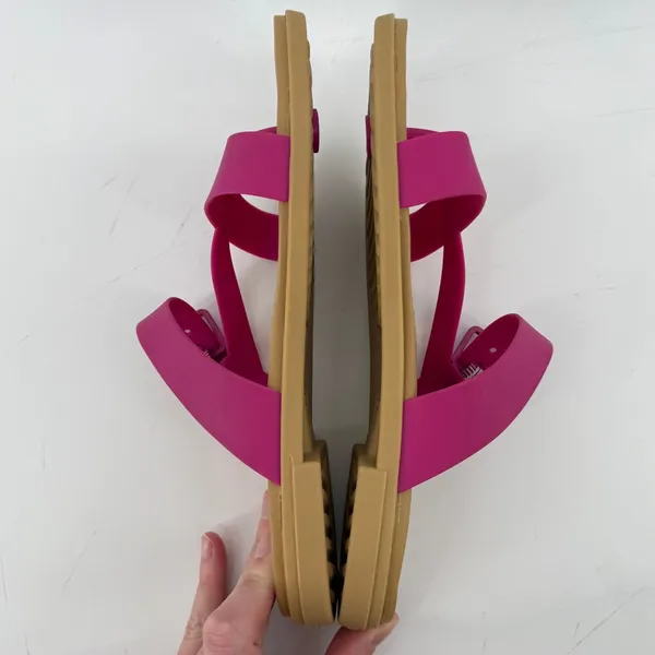 Crocs Tulum Toe Post Sandal Flip Flop Fuchsia Pink Tan Women 8 Buckle Straps - Image 5