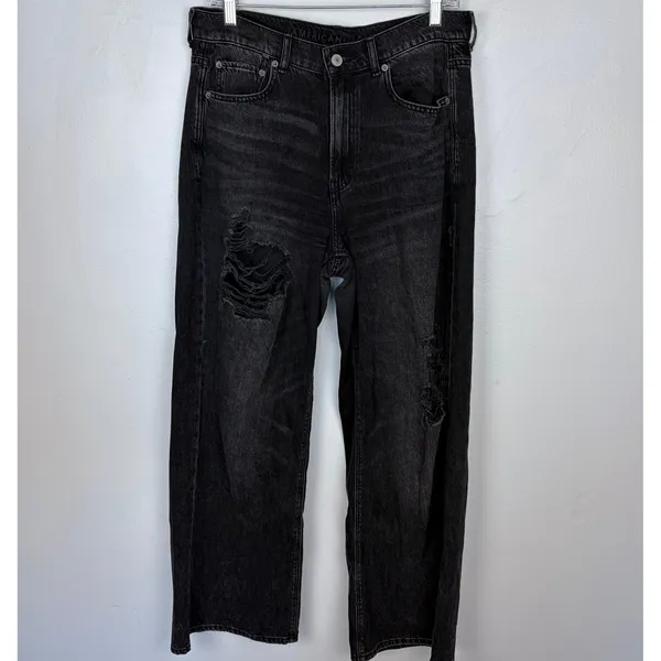 American Eagle Skater Jean Black‎ Distressed Baggy Wide Leg Grunge Size 8 Short - Image 2