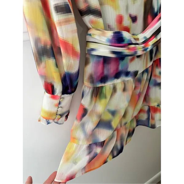 ALEXIS Leonie Mini Dress Abstract Print Long Sleeve Ruffle Tiered Belted Flowy S - Image 6