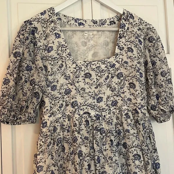 Garrie B blue floral square neck puff sleeve midi dress size M - Image 4