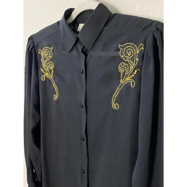 New Jouer black chiffon long sleeve shirt with gold embroidery Sz 6‎ - flawed - Image 2