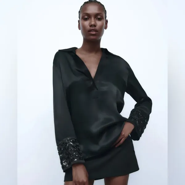 Zara Black Satin Blouse Embellished Jeweled Wide Cuffs Small Elegant Minimalist‎ - Image 14