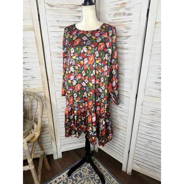 COMPANIA FANTASTICA Women's XL Satin Multicolor Floral Shift Dress Ruffle Hem - Image 5