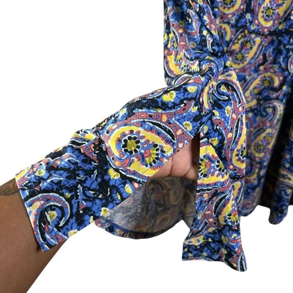 Boho Paisley Swing Dress Festival Cottagecore Soft Stretch Blue Yellow Women's L - Image 2