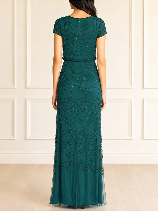 Adrianna Papell Sz 10 Dusty Emerald Green Beaded Blouson Evening Gown Maxi Dress - Image 4