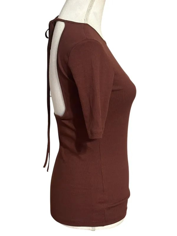 Zara Brown Ribbed Short Sleeve Open Back with Delicate Tie Top NWT - Image 2