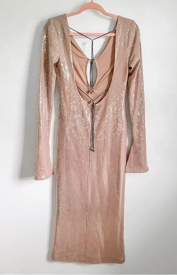 NEW Alix Earle Gold Sequin Open Back Cocktail Midi Dress - Image 15