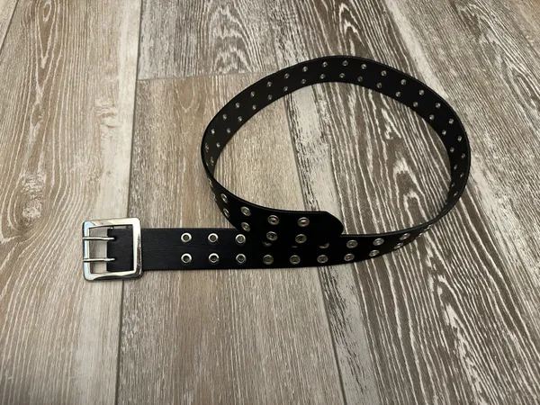 Black Faux Leather Belt W Silver Buckle Bought At - Image 4
