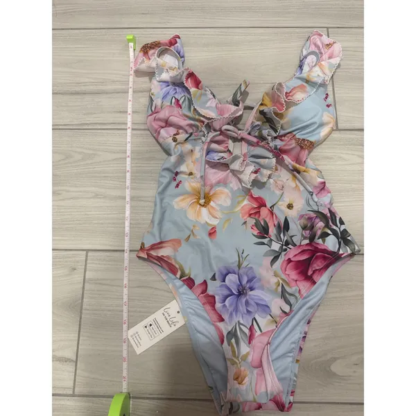 Cupshe Floral Ruffle One Piece Swimsuit Blue Pink Lace Up V-Neck Small NWT - Image 5