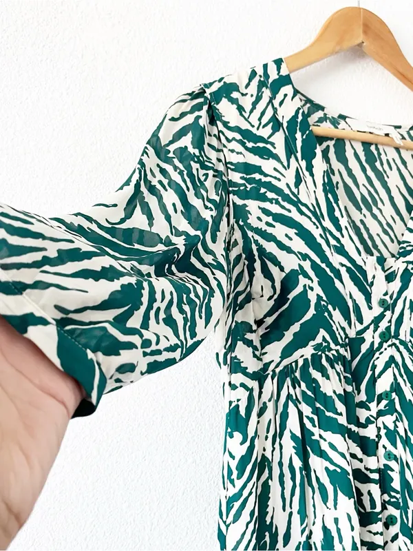 BA&SH Zebra Print Green Cream V-Neck Flowy Boho Mini Dress - Image 4