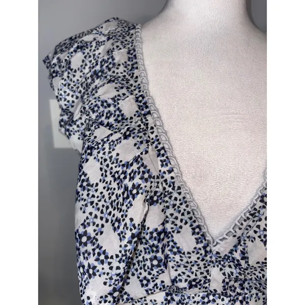 Anthropologie V-neck Plunge Tunic Mini Dress Blue White Floral Ruffle‎ Pockets - Image 7