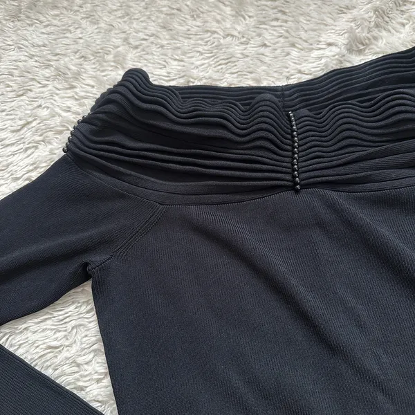 Vintage Cabo S Off the Shoulder Black Stretch Knit Sweater Long Sleeve Beaded - Image 3